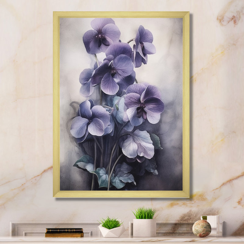Mauve gris, violettes, rêve II - art mural floral, H 20 po x l 12 po x P 1 po, Cadre doré simple