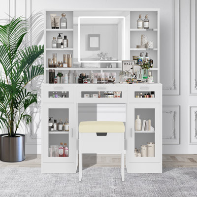 Meuble-lavabo 41,3 po avec miroir coulissant et lumières à DEL, 3 tiroirs, 2 armoires RVB, tablettes ouvertes, tabouret de rangement et coiffeuse pour coiffeuse moderne
