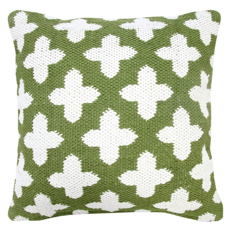 Green and White Woven Geometric Cotton Throw Pillow, 20" Square