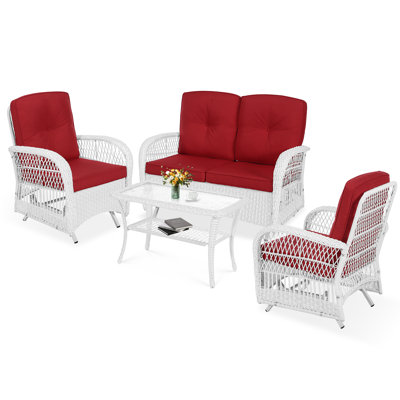 Ensemble de conversation d'extérieur en osier 4 pièces avec causeuse et fauteuil oscillant, 2 chaises avec table basse et fauteuil oscillant, ensemble de conversation en rotin avec coussins épaissis, osier blanc