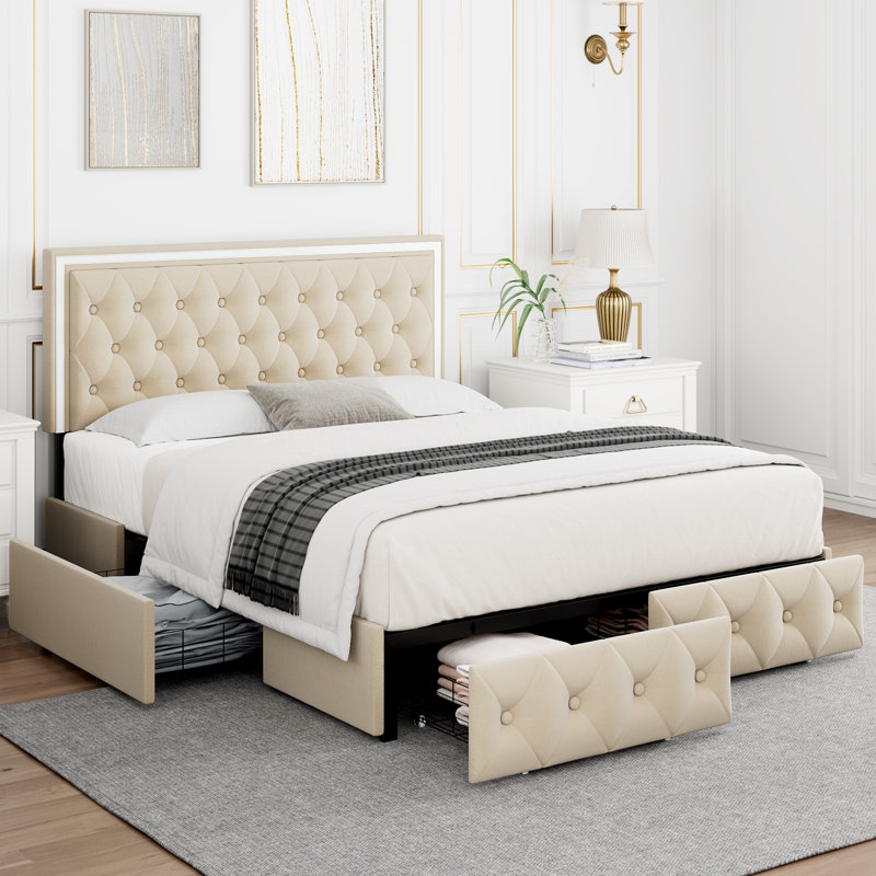 2-Piece Bedroom Sets, Storage Platform Bed with Chest, LED Light Upholstered Bed with 4 Drawers + 4-Drawer Chest,