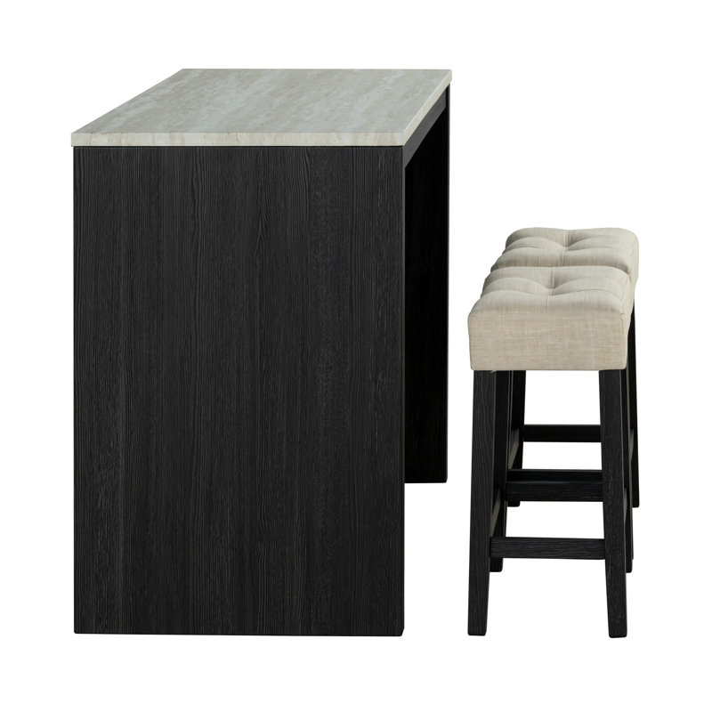 Transitional Bar Table Set With Upholstered Tufted Stools,Set Of 3