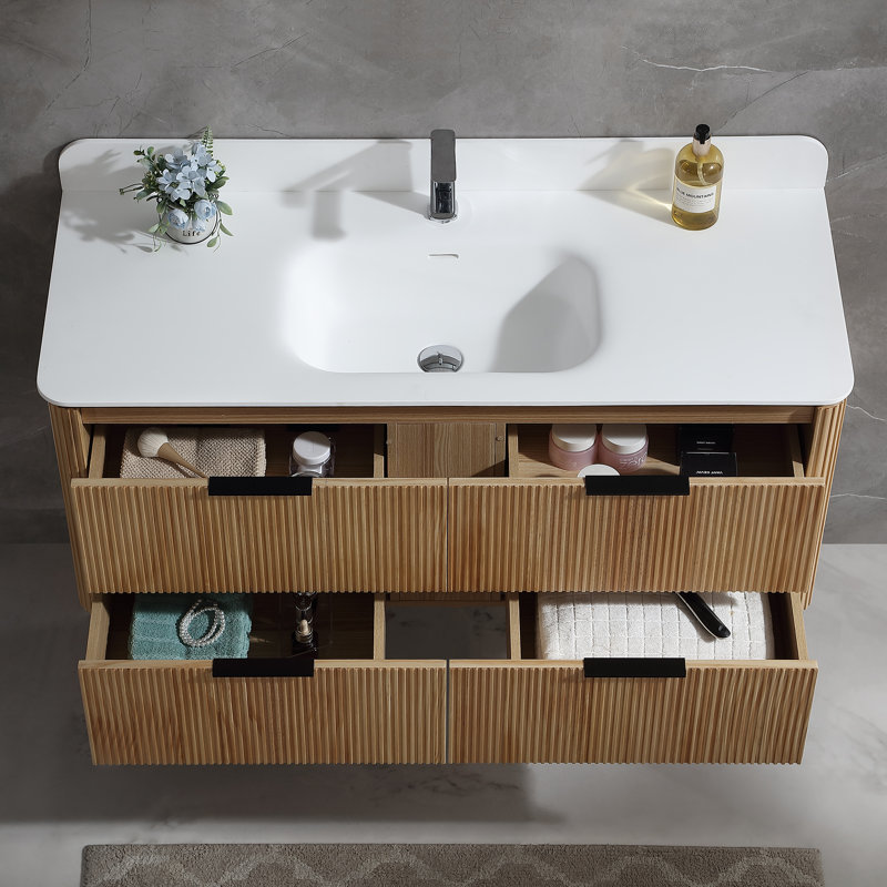 Meuble-lavabo mural flottant avec plateau en acrylique, Chêne, 48"
