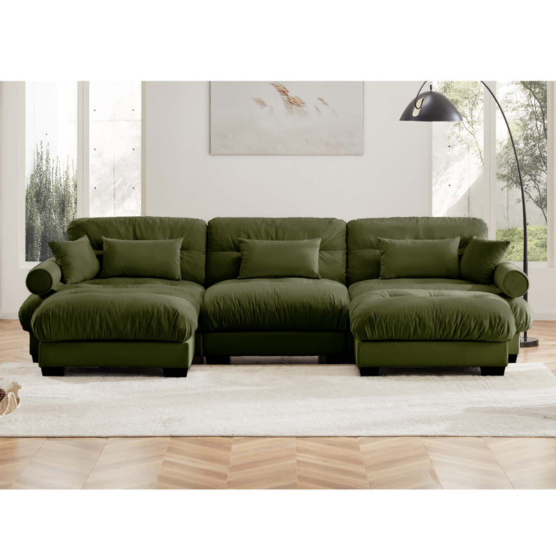 Canapé modulaire à assise profonde en U avec 2 repose-pieds mobiles, Velours vert olive
