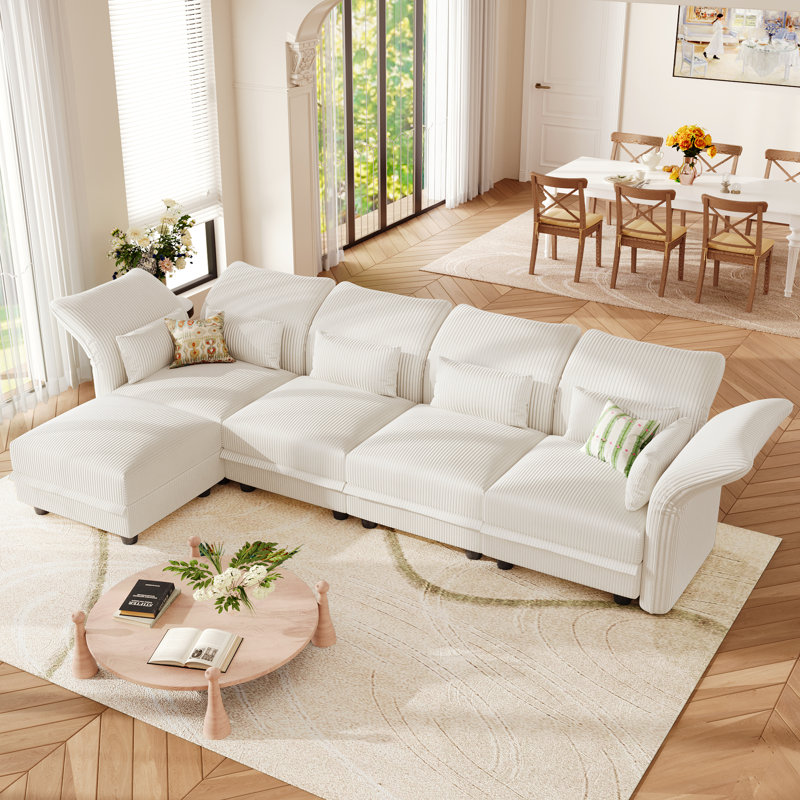 U-Shaped Upholstered Modular Sectional Sofa With Storage, 5 Seat  Corduroy  Couche With Adjustable Arms Backs,Plush Supportive Cushions, Beige