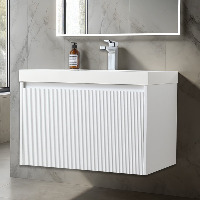Meuble-lavabo flottant mural avec lavabo 30 po Liyah - devant cannelé, tiroirs à fermeture en douceur et plateau en acrylique