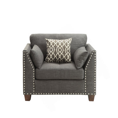Laurissa Light Charcoal Linen Chair With 3 Pillows, Buttonless Tufting, And Nailhead Trim For Elegant Comfort