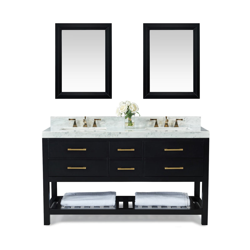 Elizabeth 60'' W Double Vanity, Carrara White, Heritage Blue, Gold