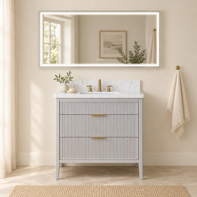 Meuble-lavabo sur pied gris de 76 cm (30 po) avec lavabo intégré et miroir de courtoisie à DEL de 81 cm x 183 cm (32 po x 72 po).