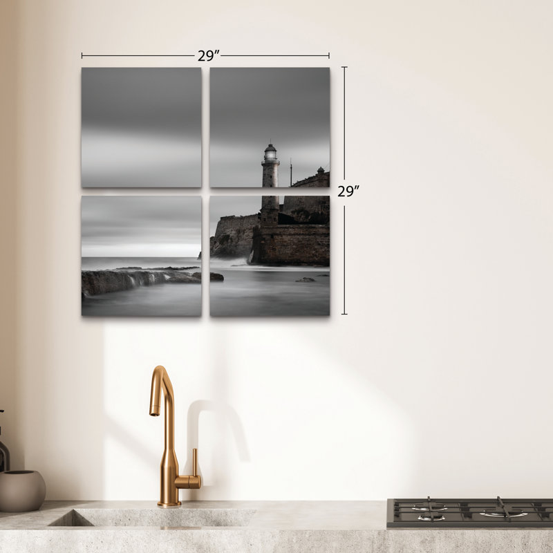 Ensemble de 4 panneaux muraux - Moises Levy «Morro Lighthouse», art mural sur toile pour le salon, la chambre à coucher ou le bureau 
