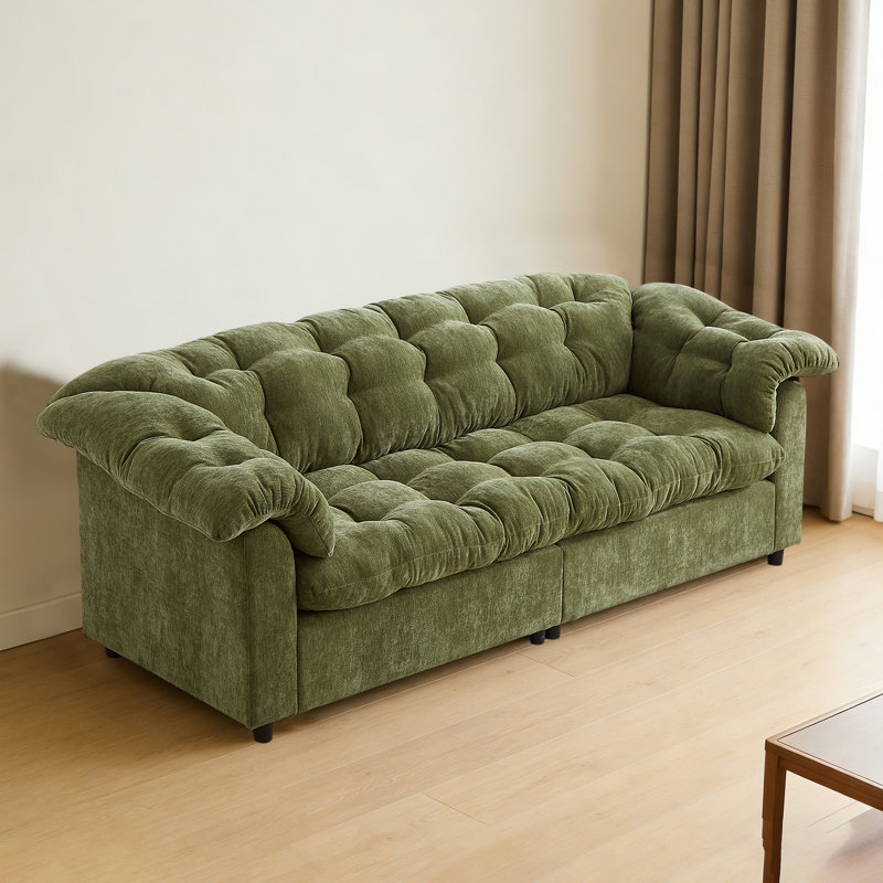 94.6" W Upholstered Chenille Cloud Sofa, Green