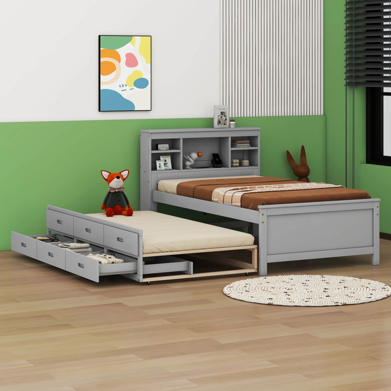 Hugborg Twin Size Platform Bed with Storage Headboard, Gray