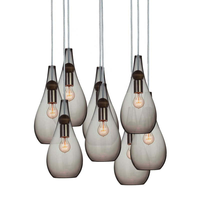 Earth 8 - Light Chandelier, 72" H x 18" W x 18" D, Nickel Braided Cord, Smoke Glass