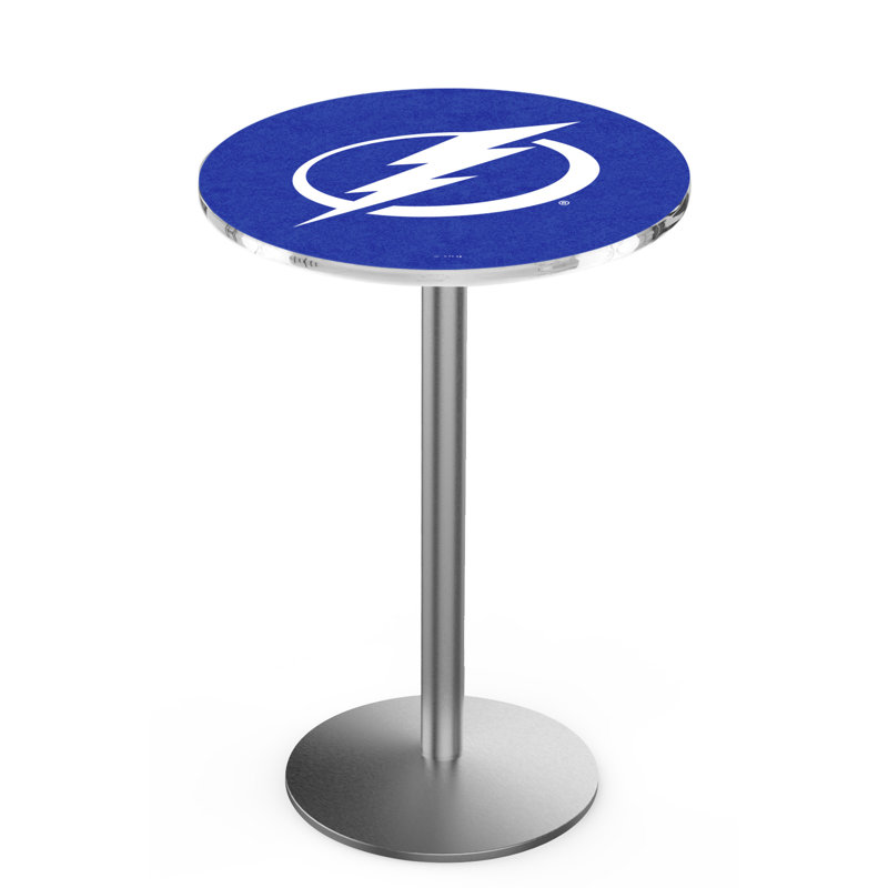 NHL Round Metal Base Dining Table, Stainless Steel, Tampa Bay Lightning