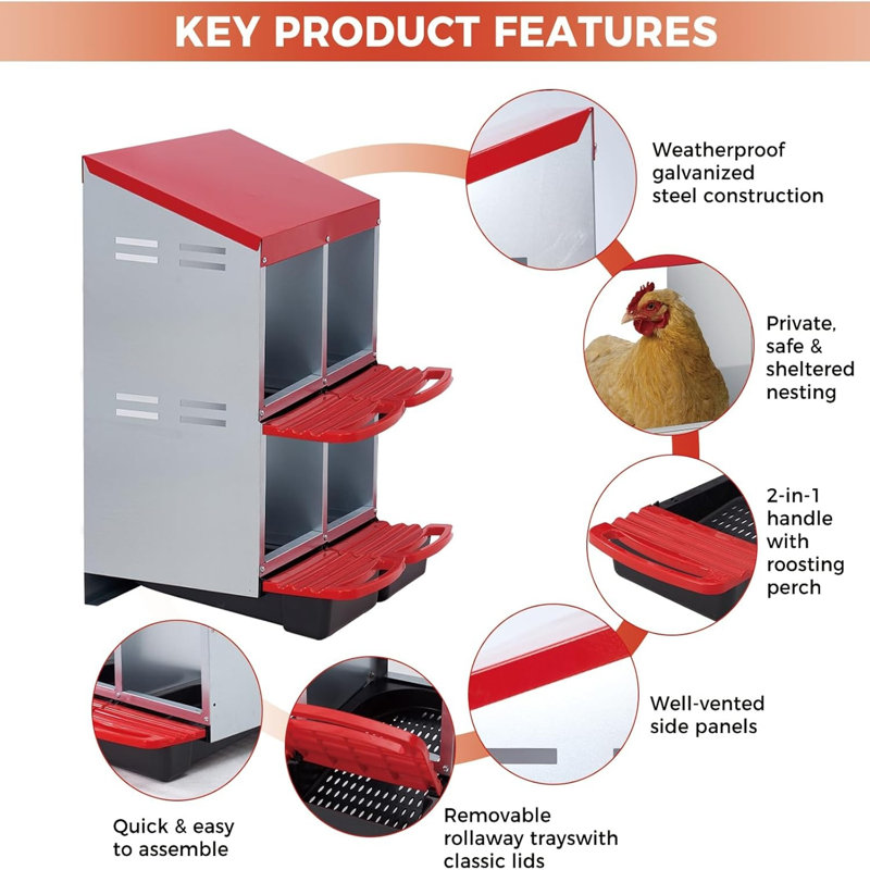 Boîte de nidification à 4 couches à double couche pour poulets (rouge), Red/Silver/Black