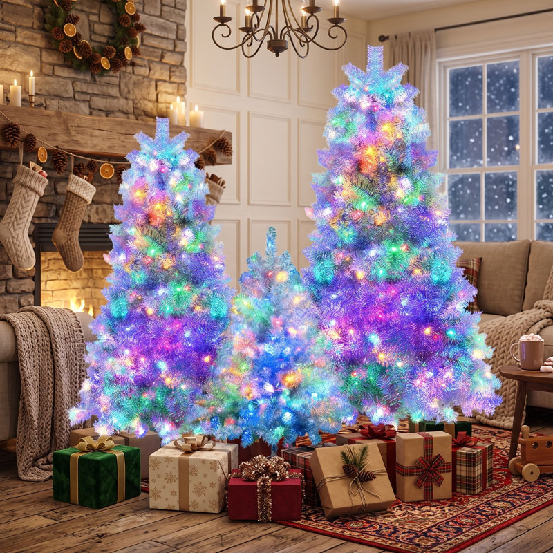 Ensemble de sapins de Noël artificiels argentés métallisés préilluminés, 3 sapins en PVC avec 11 modes d'éclairage et branches articulées.
