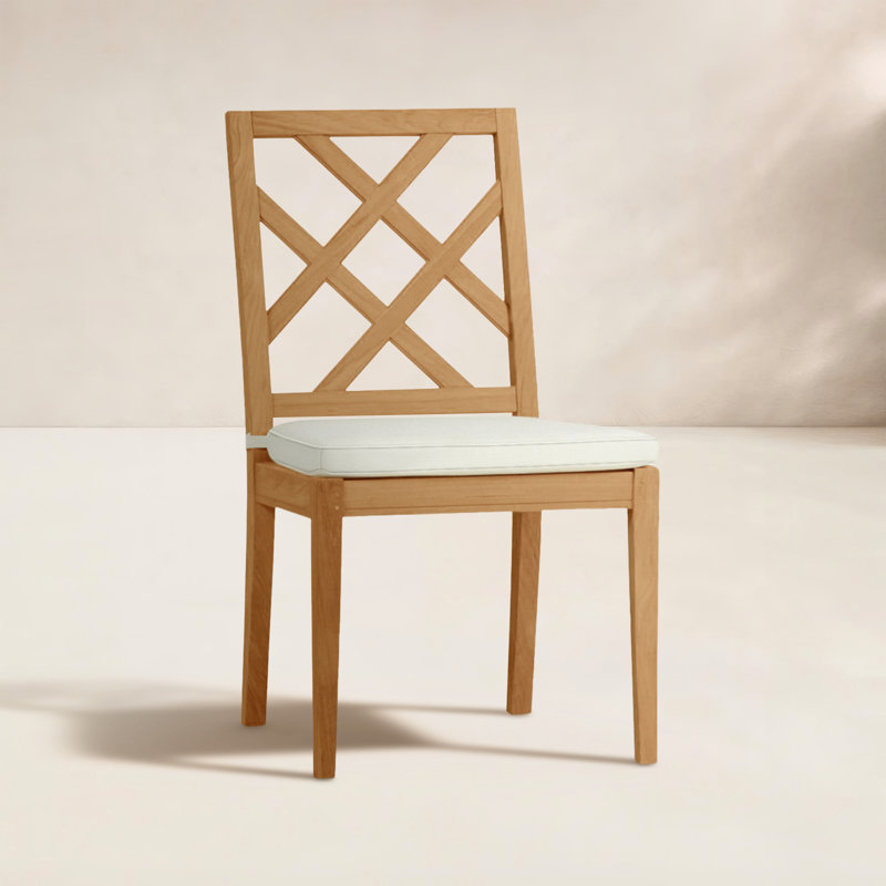 Haley Patio Dining Side Chair with Cushions, Natural Teak, Natural White, Welt