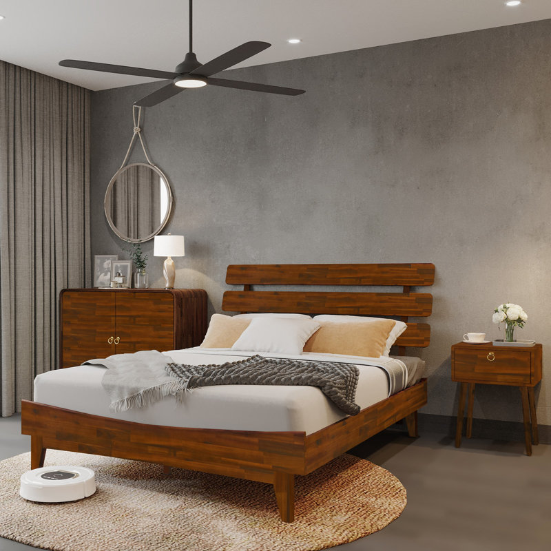 Lit plateforme en bois massif avec tête de lit ajustable Caden, style Mid-Century moderne, Grand, Chocolat noir