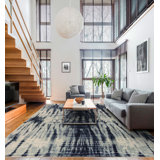 Shibori Hand Knotted Wool Abstract Area Rug in Blue/Ivory