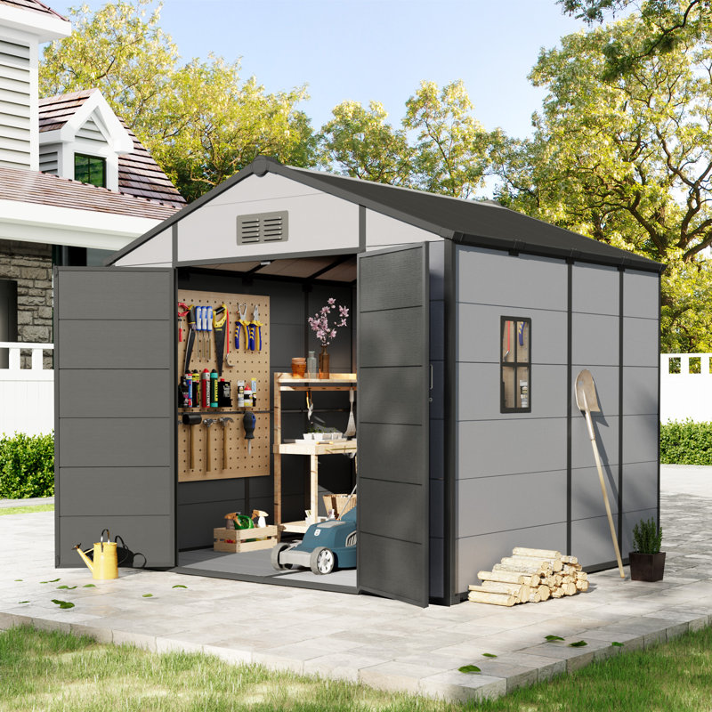 8X8 FT Outdoor Storage Shed, Weather-Resistant Shed With Lockable Double Doors & Built-In Floor, Sloped Roof Outdoor Shed For Backyard, Patio & Lawn, Gray