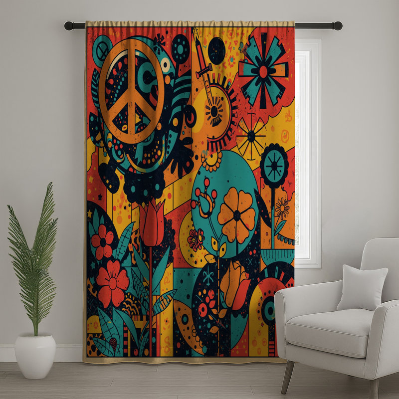 Rideaux de fenêtre Retro Floral Peace, 50 po x 80 po - 1 panneau, Transparent