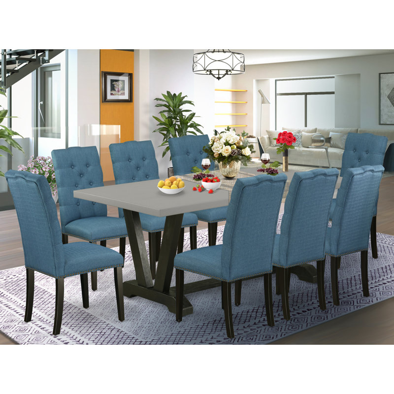 Ensemble de table de salle à manger 9 pièces comprenant une table de cuisine rectangulaire avec pieds en V et 8 chaises de salle à manger Parson en tissu bleu