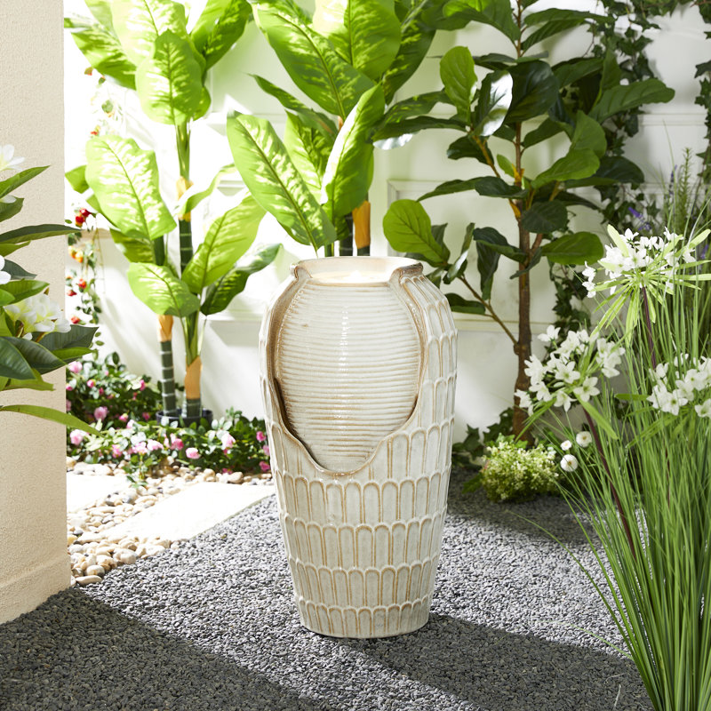 Fontaine sur pied en céramique texturée 28,25 "avec pompe et lumière DEL (KD), Blanc