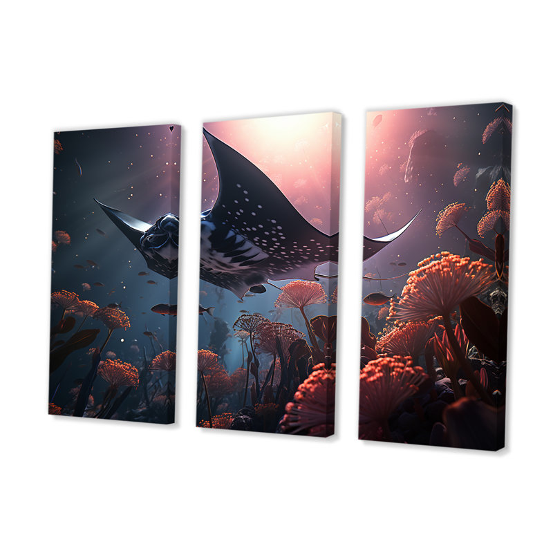 «Manta Rays Drifters Landscape I - Coastal Coral Under Water», ensemble d'art sur toile, H 40 po x l 60 po, Toile tendue