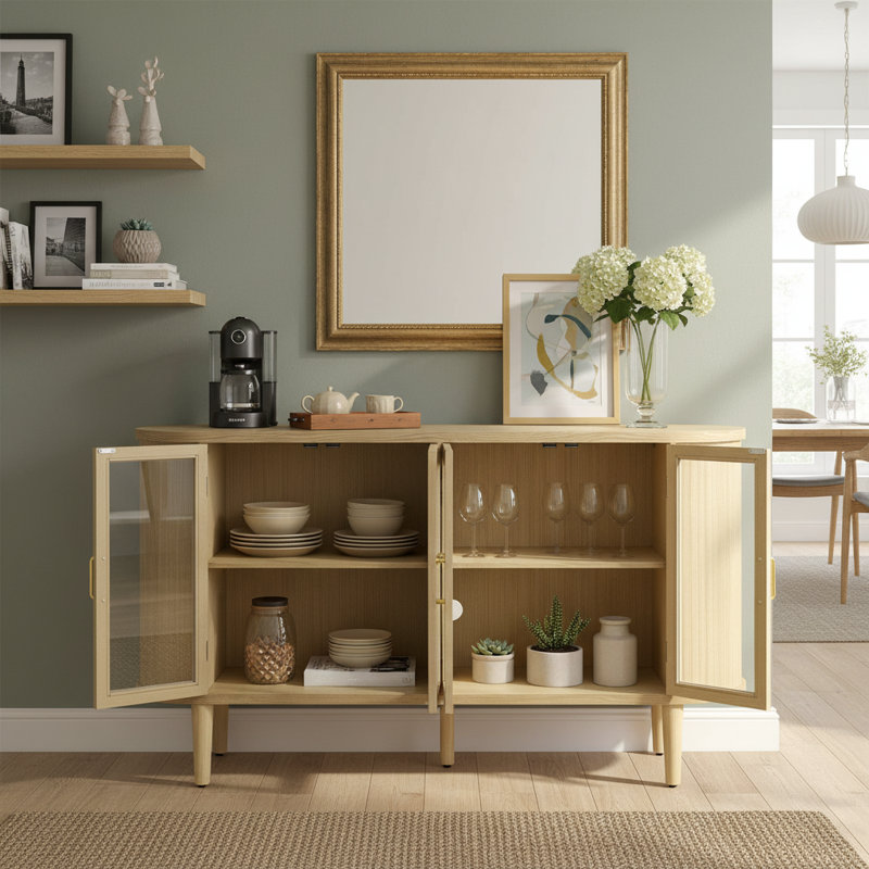 Beige Wooden Buffet Cabinet Glass Doors Adjustable Shelf Multi-Scene Use, Natural
