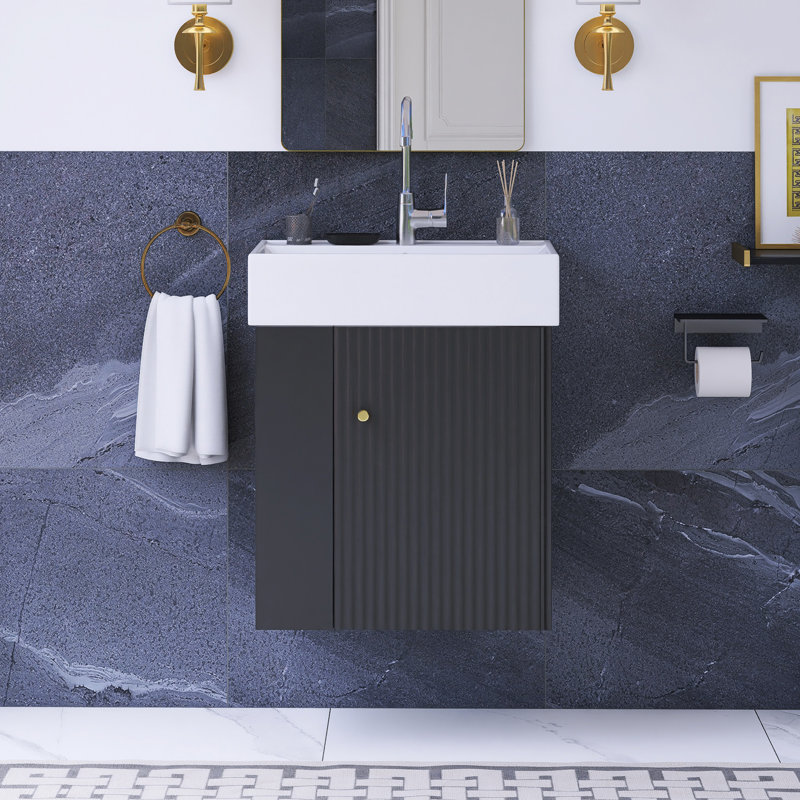 21.6 Inch Modern Floating Bathroom Vanity With Ceramic Basin, Black