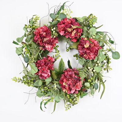 22" Artificial Greenery Foliage Leaves Berry Floral Hydrangea Spring Summer Wreath For Front Door