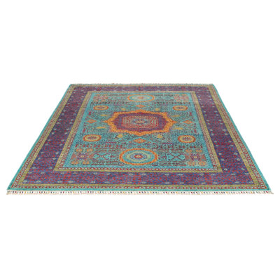 Tapis tribal turc bleu et mauve 6 x 8