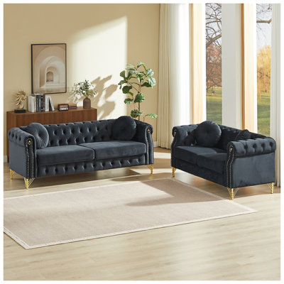 Modern Velvet Chesterfield Sofa with Tufted Buttons, Gold Metal Legs & Decorative Studs - Luxury Living Room Couch