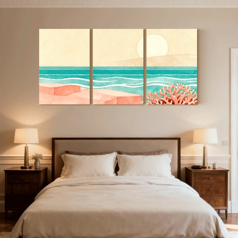 Nautique et plage, coucher de soleil, corail, eau, reflet, ensemble de 3 impressions d'art sur toile, H 18 po x l 36 po