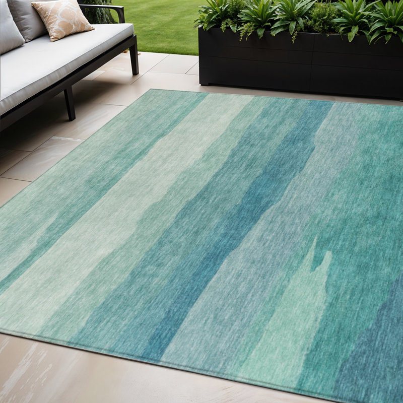 Tapis extérieur lavable rayé turquoise 5 pi x 8 pi