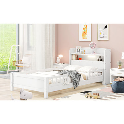 Lit plateforme simple blanc avec rangement à DEL, tête de lit et garde-corps - Améliorez l'ambiance de votre chambre à coucher