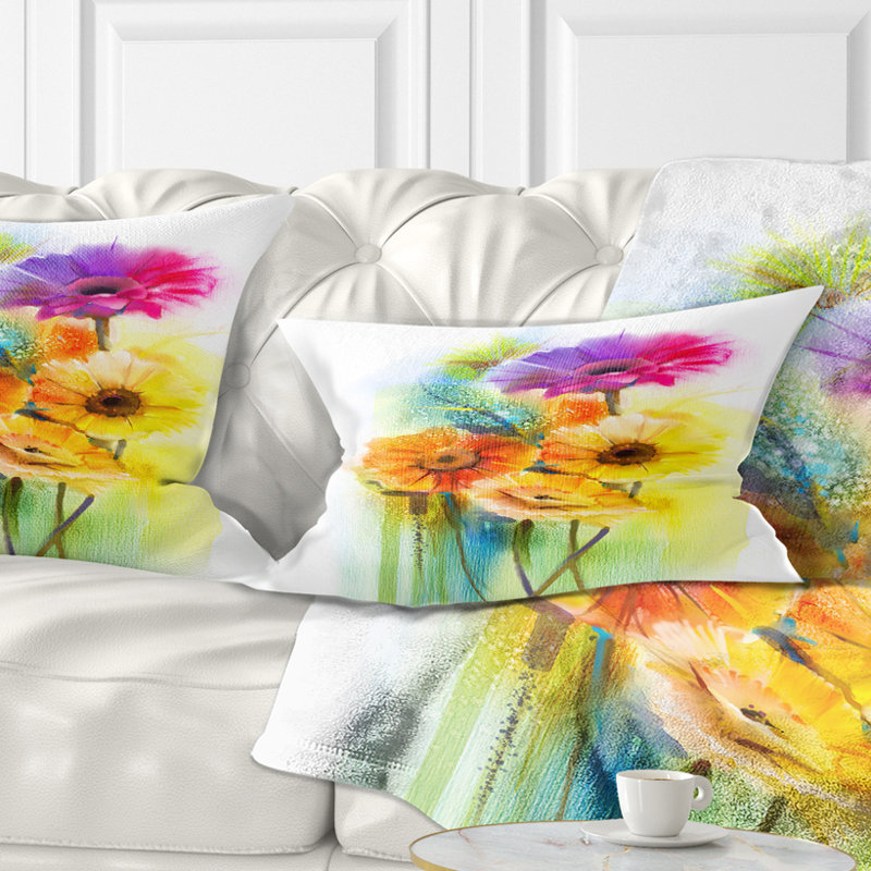 Coussin Gerbera jaune, orange, mauve, imprimé floral