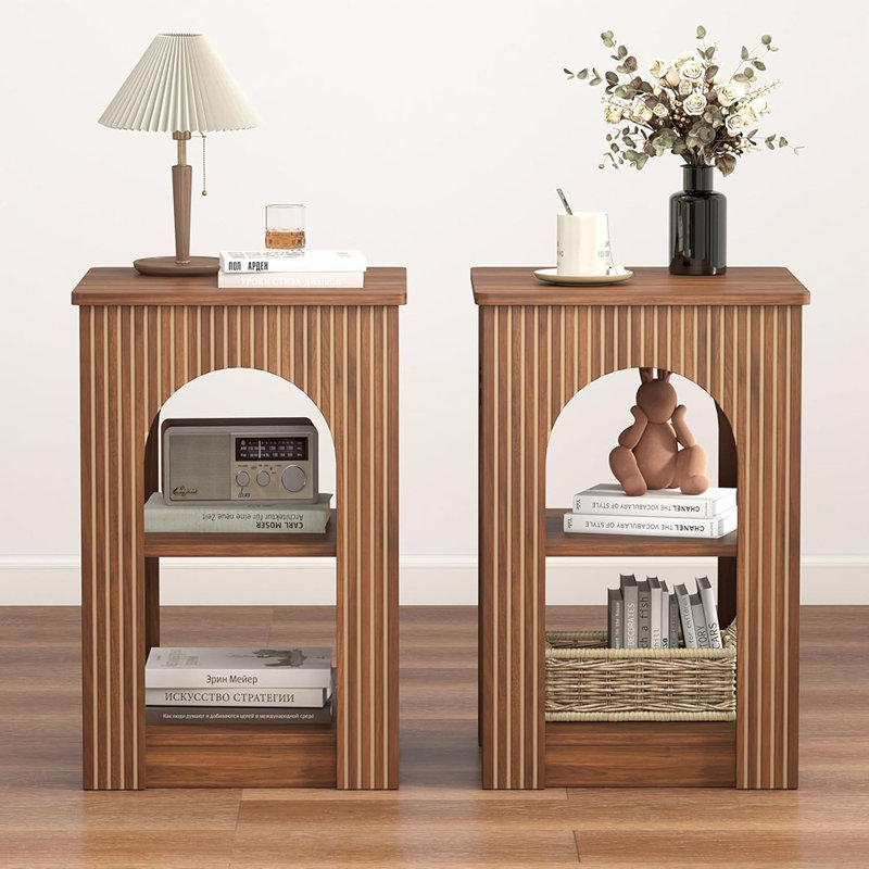 End Table Set Of 2 – Mid-Century Modern Fluted Side Tables With 3-Tier Shelves [Walnut] – [Wood / Modern / Nightstand]