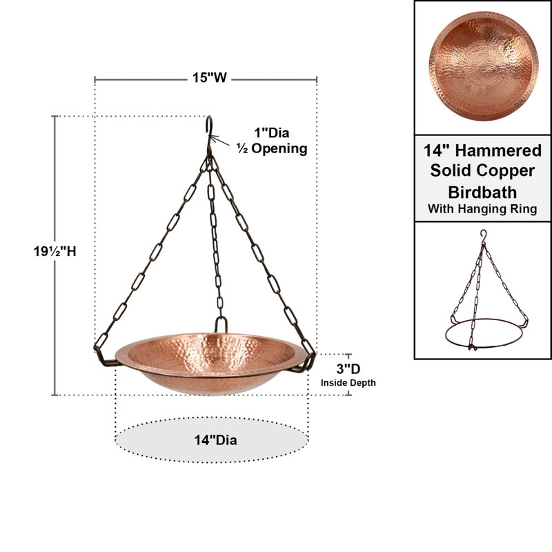 Solid Copper Hanging Birdbath with Black Chain
