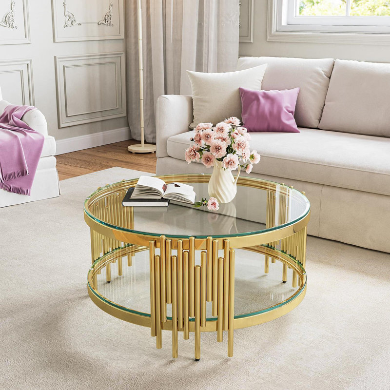 Bordeaux 35.43" Two-Layer Mirror Glass Top Single Coffee Table, Clear Top/Gold Base