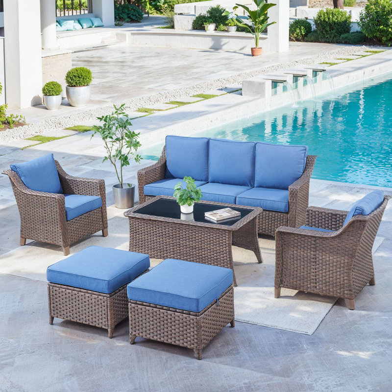 Jenesys Outdoor Wicker Furniture Set With Sofa, Club Chairs, Ottomans & Coffee Table - Durable, Stylish, Blue