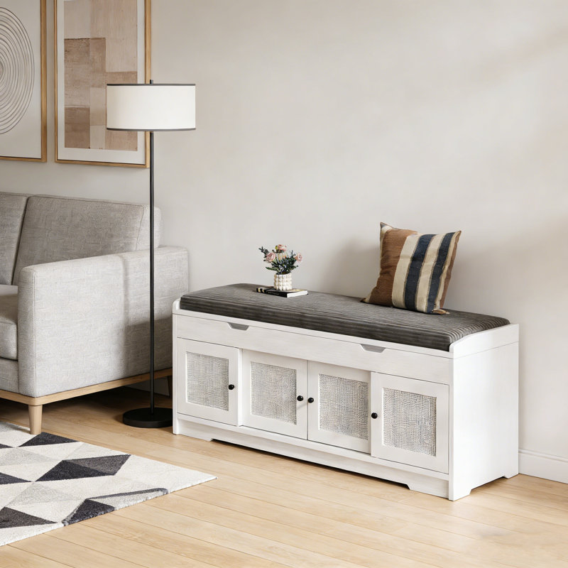 47.2" Entry Bench With Lift-Up Storage Seat & Adjustable Rattan Shoe Rack, White