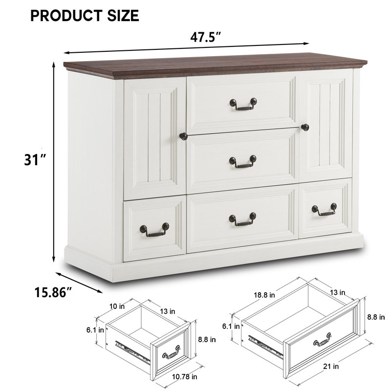 White Farmhouse Wood Dresser with Rustic Metal Handles