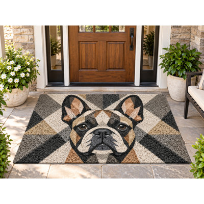 5' x 7' Outdoor Area Rug French Bulldog Face Heavyweight Solid Waterproof PVC Coil Loop Carpet, Patio Rug Quick Dry Outdoor Mat for Large Doormat Porch Deck Balcony Entryway RV Camping