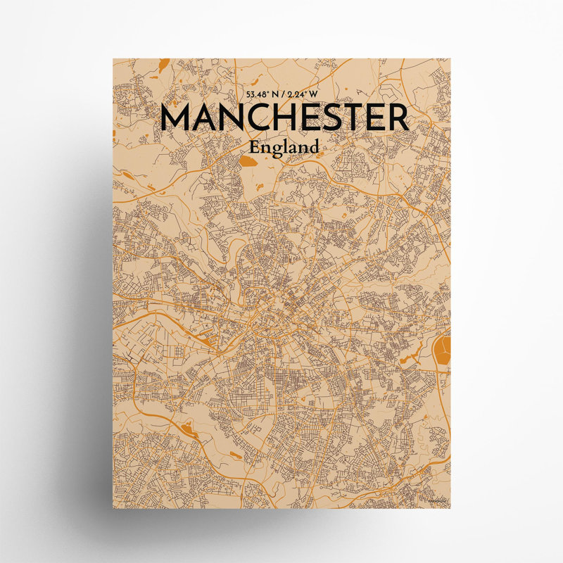 Manchester, Royaume-Uni, carte de la ville - ensemble d'imprimés non encadrés, Orange / or pâle, H 24 po x l 18 po