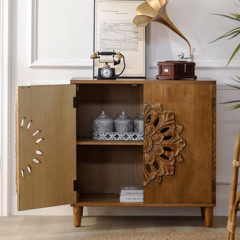 Armoire de rangement, rustique, en bois, 2 portes en bois sculpté à la main - décor bohème avec motif floral, buffet solide