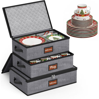 Contenants de rangement en porcelaine à grande capacité pour grande capacité, boîtes de rangement pour plats de cuisine, vaisselle, protecteurs de tasses, gris, ensemble de 3 pièces