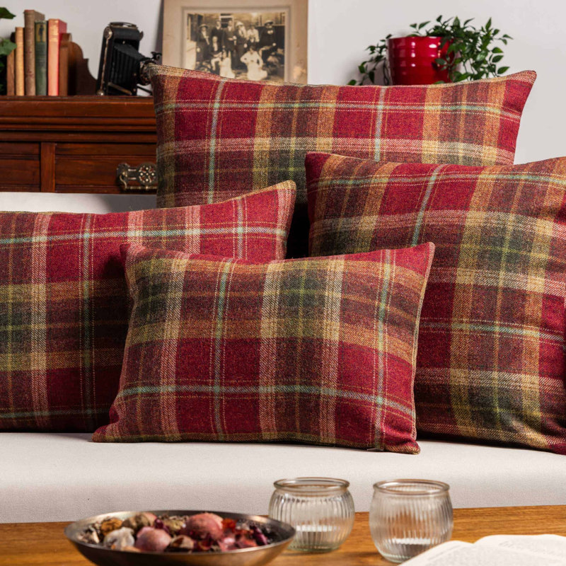Glenmore Wool Check Cushion in Autumn Red and Green, 43x43cm, Synthetic filled