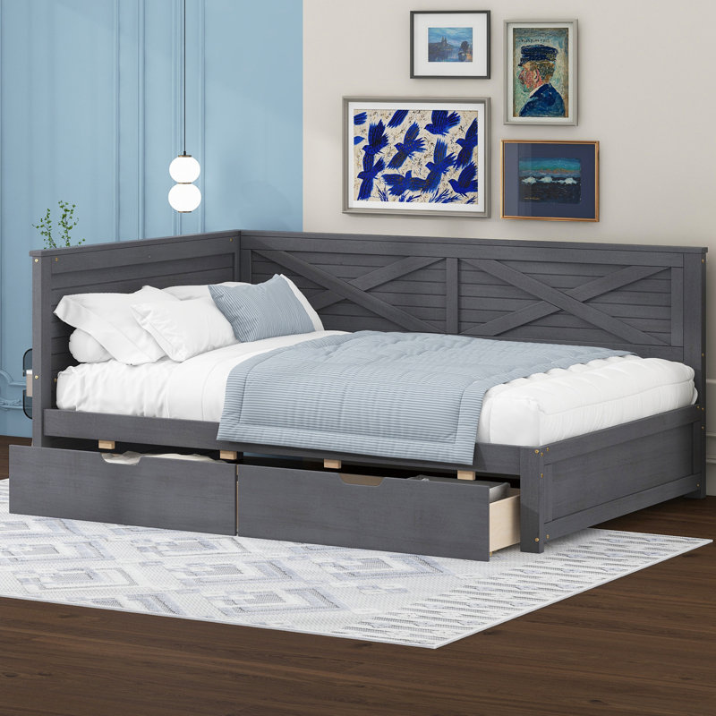Lit de jour simple en bois avec 2 tiroirs et garde-corps rustique