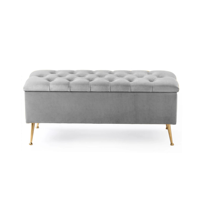 Amara Wide Velvet Tufted Rectangle Storage Ottoman Footstool Upholstered Bench with Legs for Living Room & Bedroom, Silver